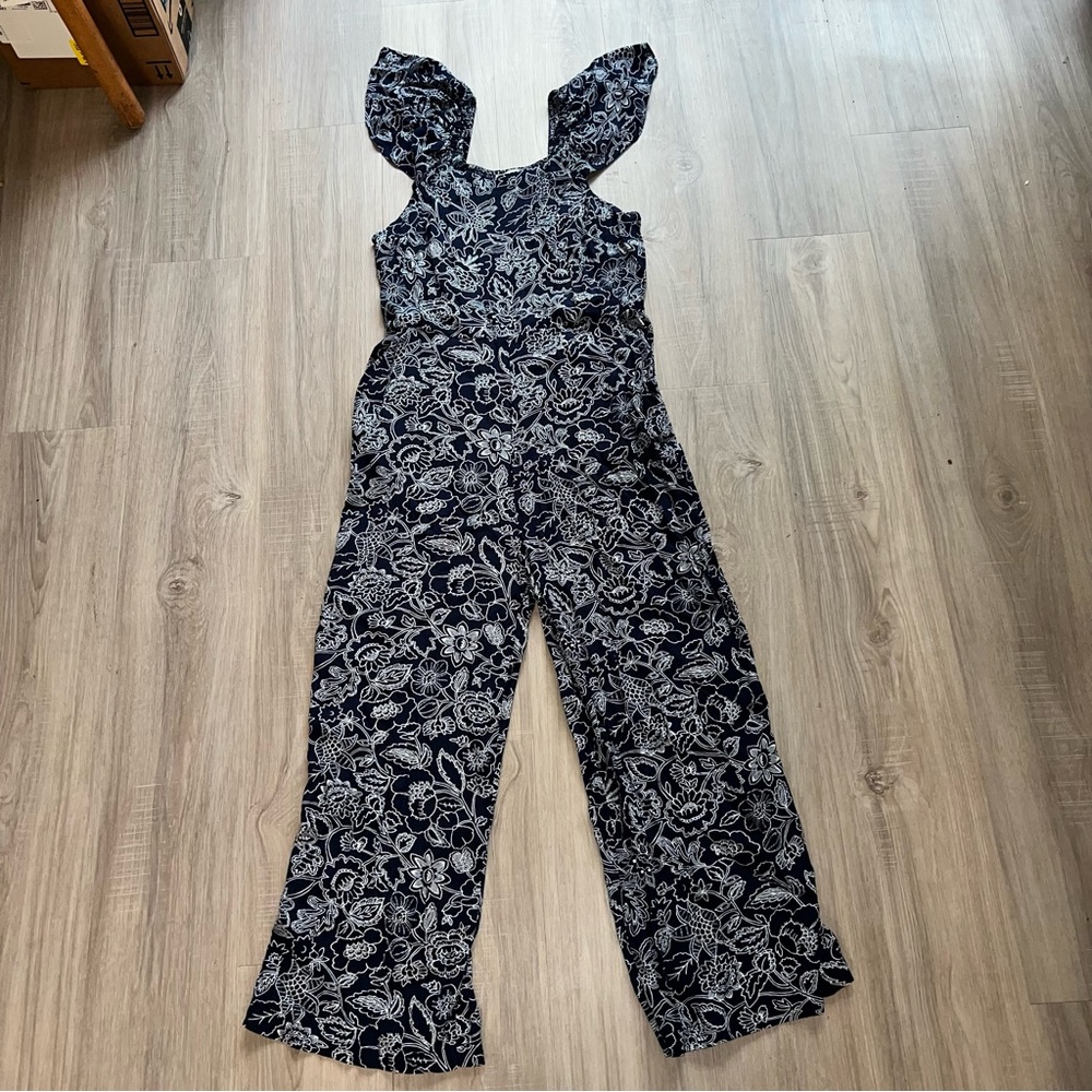 LOFT Navy and White Floral Jumpsuit Large